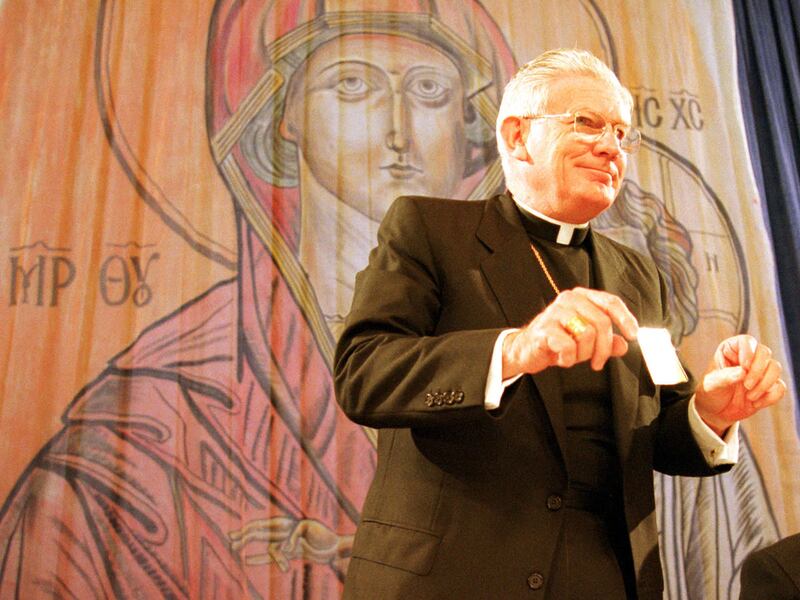 Archbishop William Keeler of Baltimore, president of National Conference of Catholic Bishops, speaks during a conference in Washington, D.C., Thursday, Nov. 17, 1994. A week after Oregon voters approved physician-assisted suicide, the bishops declared th