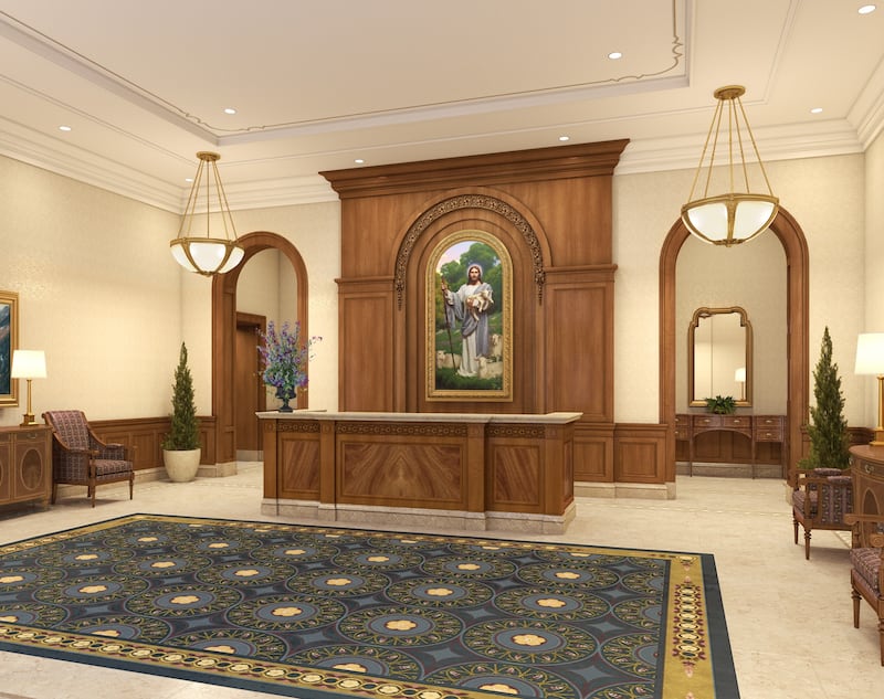 An artist’s illustration of the lobby of the Deseret Peak Utah Temple of The Church of Jesus Christ of Latter-day Saints.