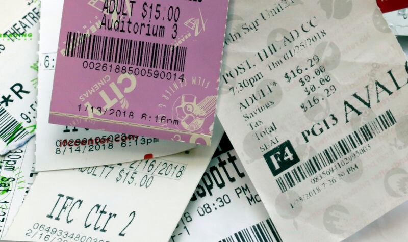 This Aug. 23, 2018, file photo shows movie ticket stubs in New York. A Turkish startup is offering a movie a day in theaters for $30 a month. It’s three times what MoviePass had charged for a similar plan. But that was financially unsustainable, as it typ