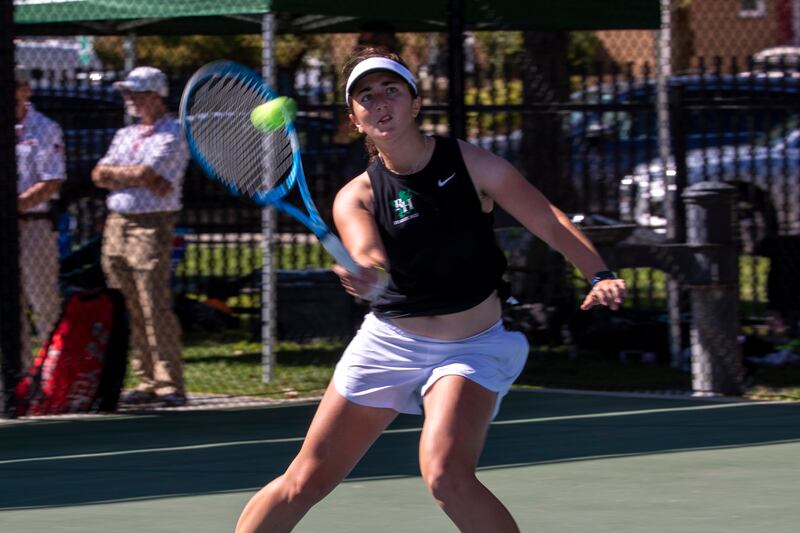 Sophie Baker of Rowland Hall plays in the 3A state tennis tournament in Salt Lake City on Saturday, Oct. 1, 2022.