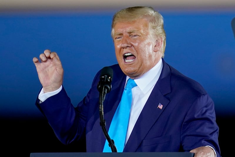 President Donald Trump addresses a crowd at a campaign event at the Arnold Palmer Regional Airport, Thursday, Sept. 3, 2020, in Latrobe, Pa.