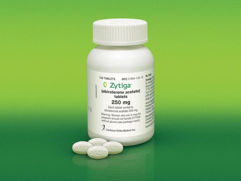This undated image provided by Johnson & Johnson shows the drug Zytiga. The hormone-blocking pill approved in 2012 for certain men with advanced prostate cancer now also seems to help a wider group of men who were given it sooner in the course of treating
