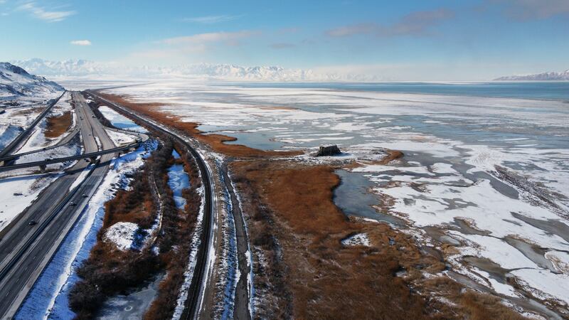 The receding water levels of the Great Salt Lake on Monday, Jan. 30, 2023.