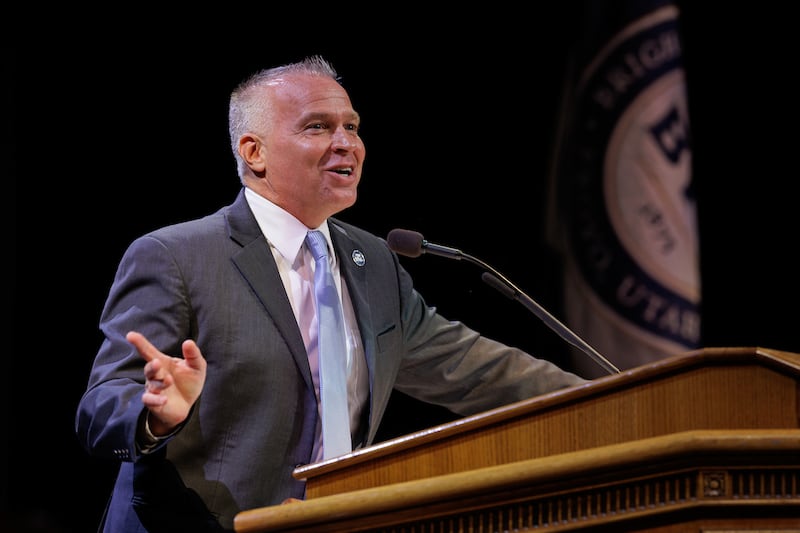 BYU President Shane Reese speaks at the annual University Conference at the Marriott Center on Aug. 25, 2025.