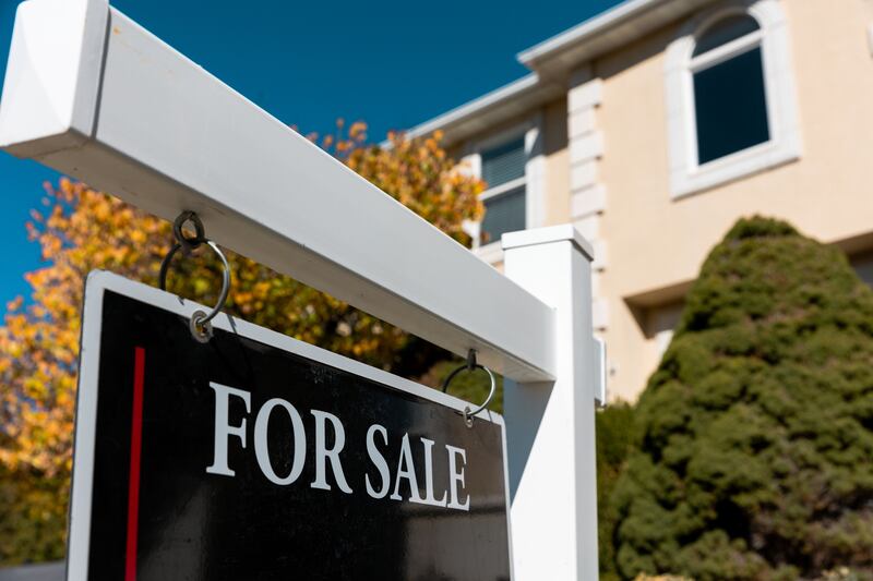 A “For sale” sign in front of a home in North Salt Lake on Monday, Oct. 30, 2023.