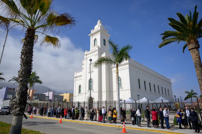 People line up around the gates to attend the dedication of the Antofagasta Chile Temple on Sunday, June 15, 2025.