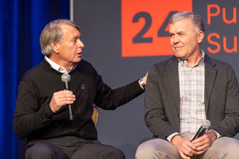 Jeff Robbins, president and CEO of Utah Sports Commission, and Utah Jazz president Jim Olson at at sports panel.