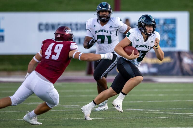 New Mexico State linebacker Gabe Peterson (49) during game in Las Cruces, N.M., Saturday, Sept. 24, 2022. Peterson transferred to Utah State in the offseason.