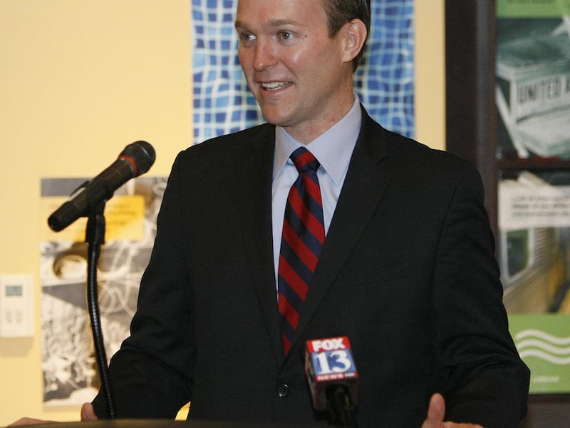 FILE - Salt Lake County Mayor Ben McAdams speaks at a press conference at Discovery Gateway in Salt Lake City, Tuesday, Nov. 10, 2015.