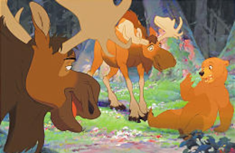 Kenai's first encounter after his transformation into a bear is with two dim-witted moose - Tuke, left, and Rutt - in "Brother Bear."