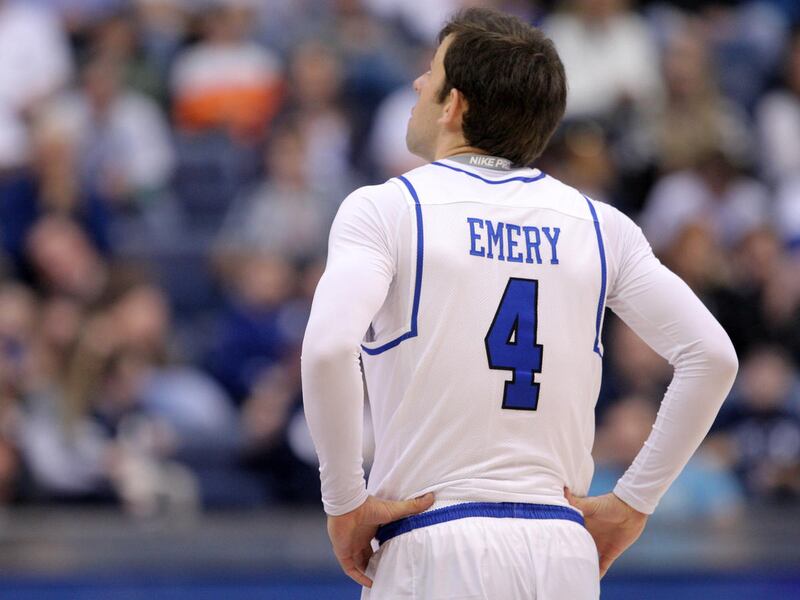 Brigham Young Cougars guard Nick Emery (4) looks up as BYU and Pacific play at the Marriott Center in Provo Utah Saturday, Feb. 6, 2016. Pacific won 77-72.