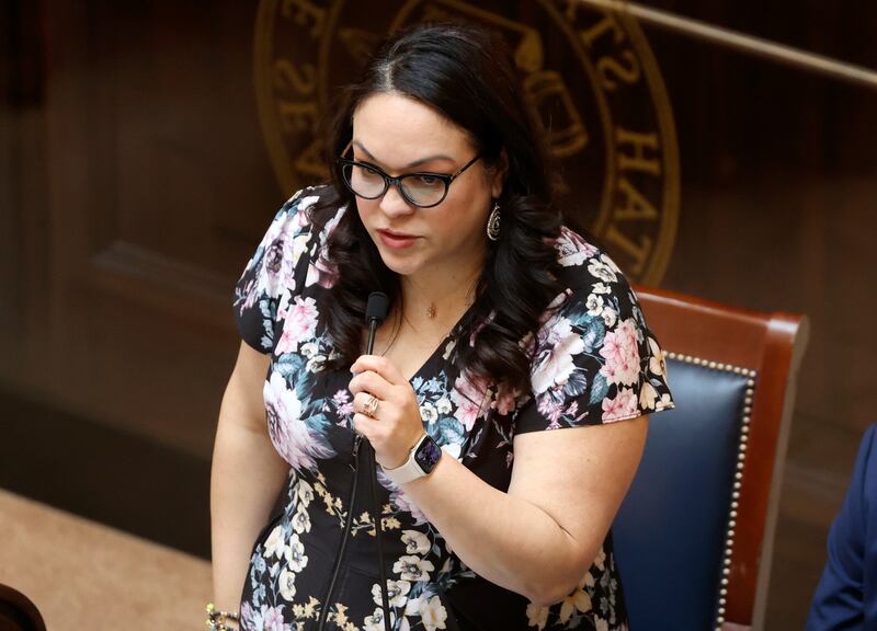 Senate Minority Leader Luz Escamilla, D-Salt Lake City, comments on HB467 Abortion Changes in the Senate chamber at the Capitol in Salt Lake City, on Thursday.