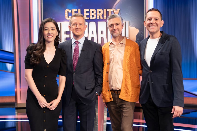David Friedberg, Sean Gunn and Mina Kimes on "Celebrity Jeopardy!"