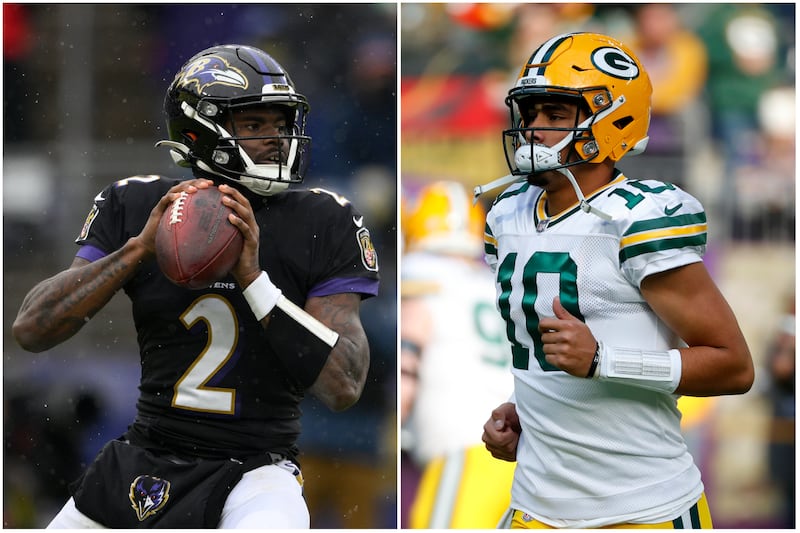 Baltimore Ravens’ Tyler Huntley, left, and Green Bay Packers’ Jordan Love, right, both appeared on CBS Sports’ ranking of the top young backup quarterbacks in the NFL.