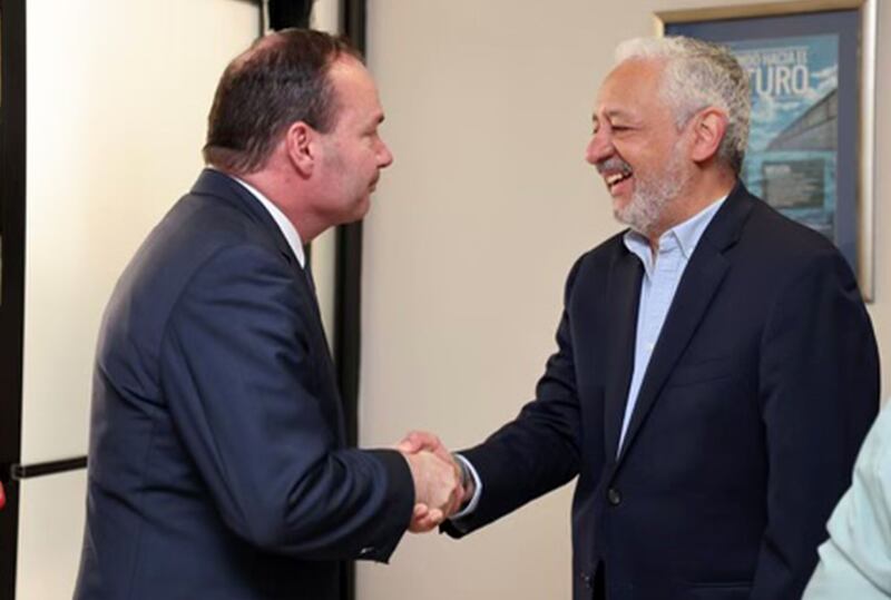Utah Sen. Mike Lee greets Ricaurte Vásquez Morales, administrator of the Panama Canal, during a recent trip to Central America.