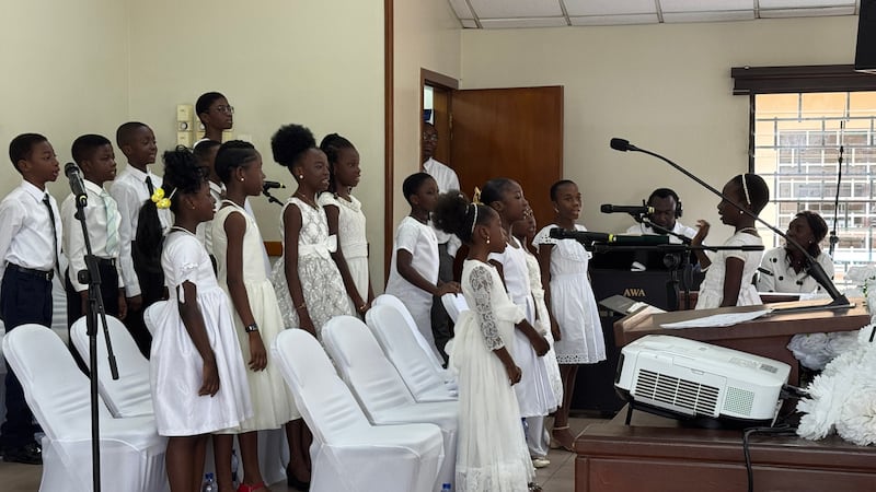 Primary children sing "Come, Ye Children of the Lord" at the groundbreaking of the Kumasi Ghana Temple on Saturday, Oct. 18, 2025, in Kumasi, Ghana.