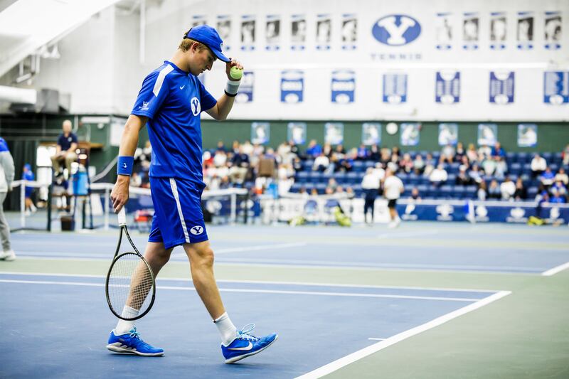 BYU men’s tennis team competes against Pacific in Provo during 2023 season.
