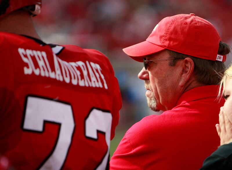 Utah athletic trainer Bill Bean, right, watches from the sidelines as Utah and UCLA play at Rice-Eccles Stadium.