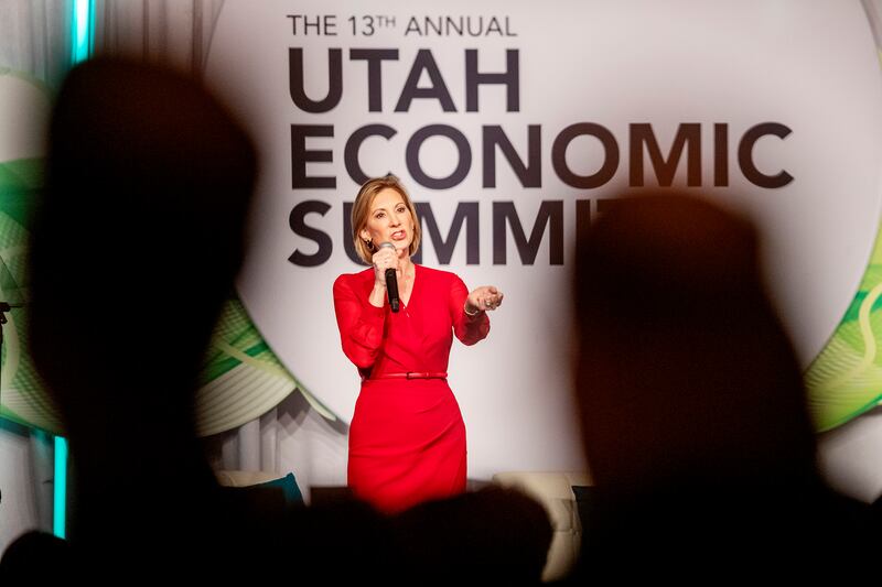 Carly Fiorina, former political figure and CEO of Hewlett-Packard, delivers the keynote address at the 13th annual Utah Economic Summit at the Grand America Hotel in Salt Lake City on Friday, May 17, 2019.