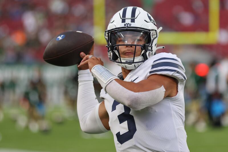 BYU quarterback Jaren Hall is projected by most experts to be taken during the 2023 NFL draft’s third day between Rounds 4-7.
