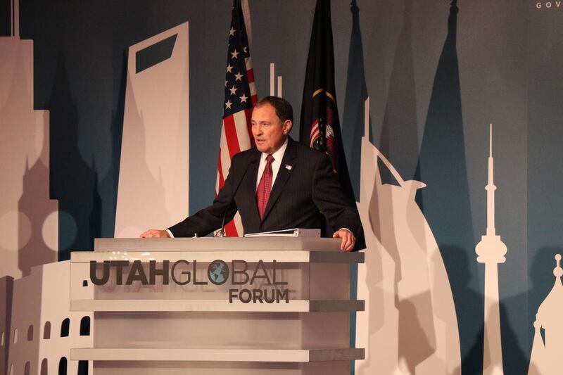 Gov. Gary Herbert speaks to the audience at the Utah Global Forum Tuesday, Oct. 17, 2017. About 400 local business leaders attended the event held at the Grand America Hotel in downtown Salt Lake City, which was dedicated to helping Utah companies of all