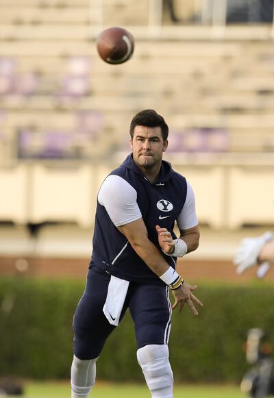 BYU starting quarterback Tanner Mangum warms up prior taking on ECU, at Dowdy-Ficklen stadium in Greenville, North Carolina.