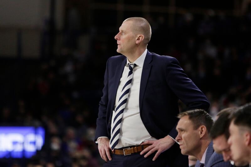 BYU coach Mark Pope watches the second half of game against Gonzaga, Thursday, Jan. 13, 2022, in Spokane, Wash.