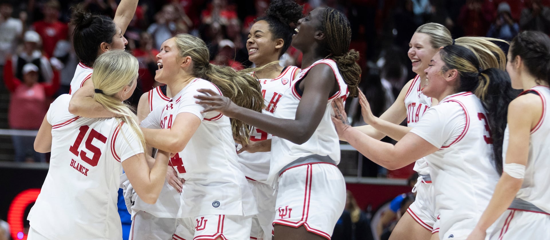The Utah Utes celebrate a win in overtime against the UCLA Bruins at the Huntsman Center in Salt Lake City on Jan. 22, 2024. The final score was 94-81.