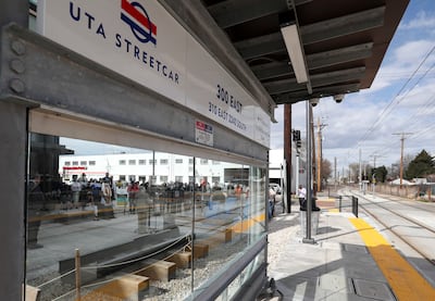 Utah Senate Minority Leader Gene Davis, D-Salt Lake City, speaks during a press conference at the S-Line 300 East station, commemorating the newly completed double track area of the line, on Friday, April 5, 2019. With the double track construction projec