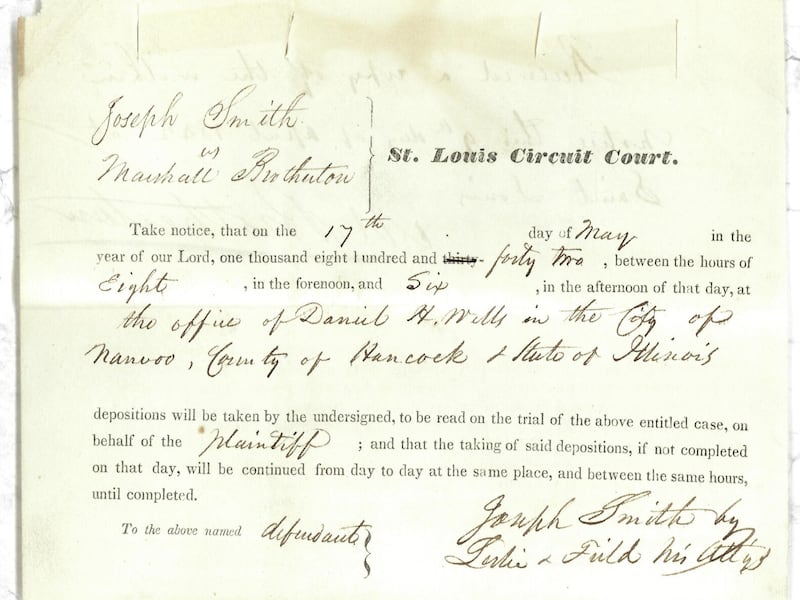 A notice from Joseph Smith’s attorneys, Miron Leslie and Roswell Field, in the case of Joseph Smith vs. Marshall Brotherton.