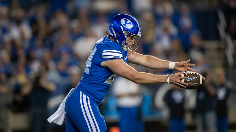 BYU punter Ryan Rehkow punts against Baylor on Saturday, Sept. 10, 2022 in Provo, Utah.