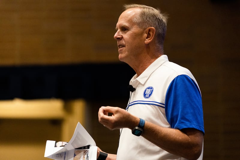 Tom Holmoe, athletic director at Brigham Young University, speaks at BYU’s Education Week in August 2023.