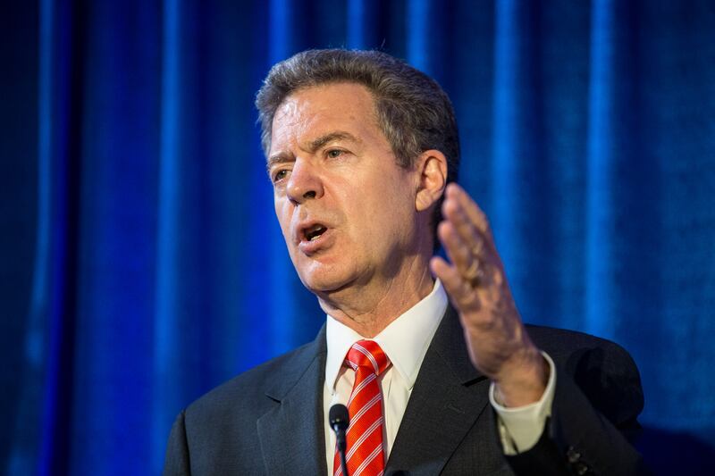 Sam Brownback delivers a speech on religious freedom at Brigham Young University in October 2018.