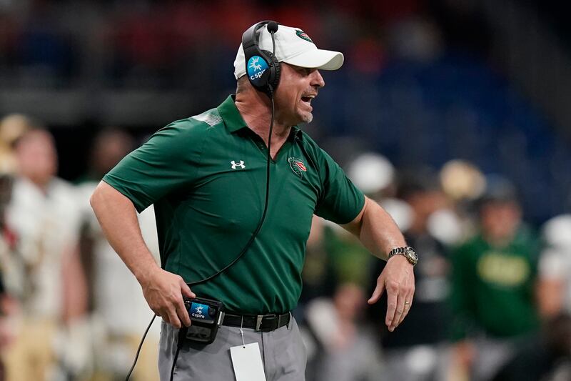 UAB coach Bill Clark talks to his players during game against UTSA, Saturday, Nov. 20, 2021, in San Antonio.