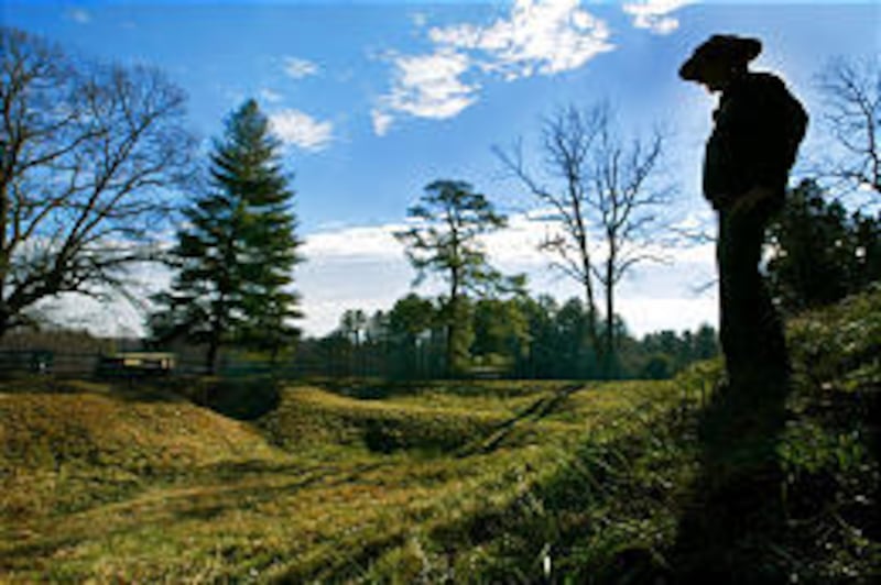 Historian and tour guide Jimmy Blankenship stands on a lip of what is left of the crater on the site of the Battle of the Crater in Petersburg, Va.