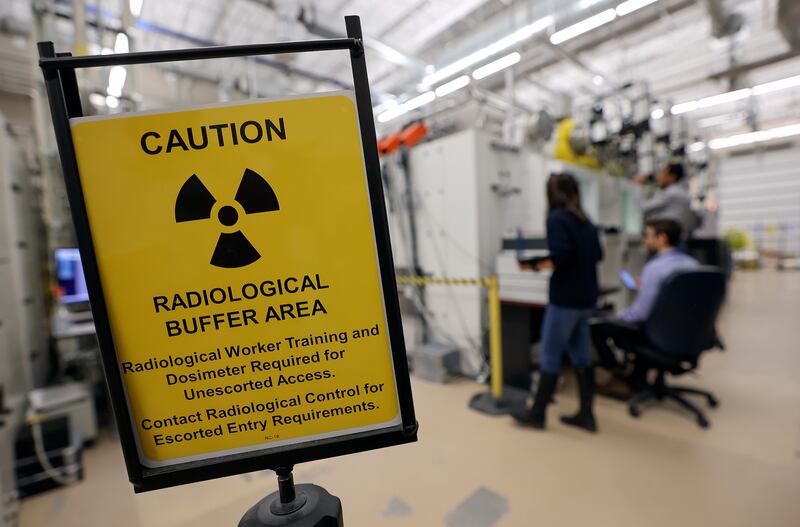 A radiological buffer area caution sign is pictured in the Materials and Fuels Complex at the Idaho National Laboratory.
