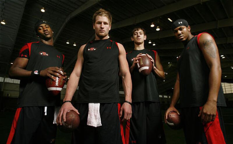 University of Utah quarterbacks L-R: Devonte Christopher, Corbin Louks, Jordan Wynn and Terrance Cain in Salt Lake City, Utah, Thursday, March 5, 2009.