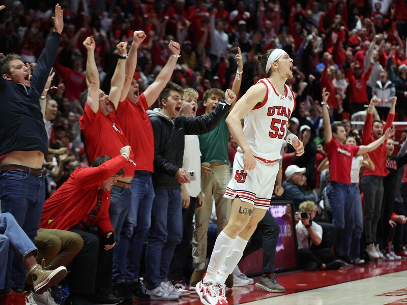 Utah Utes guard Gabe Madsen (55) hits three-pointer to tie the game at the end of regulation in Salt Lake City on Thursday, Feb. 8, 2024. Arizona Wildcats won 105-99 in triple overtime.