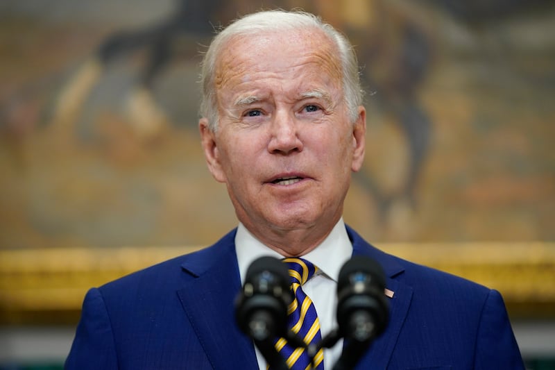 President Joe Biden speaks about student loan debt forgiveness in the Roosevelt Room.