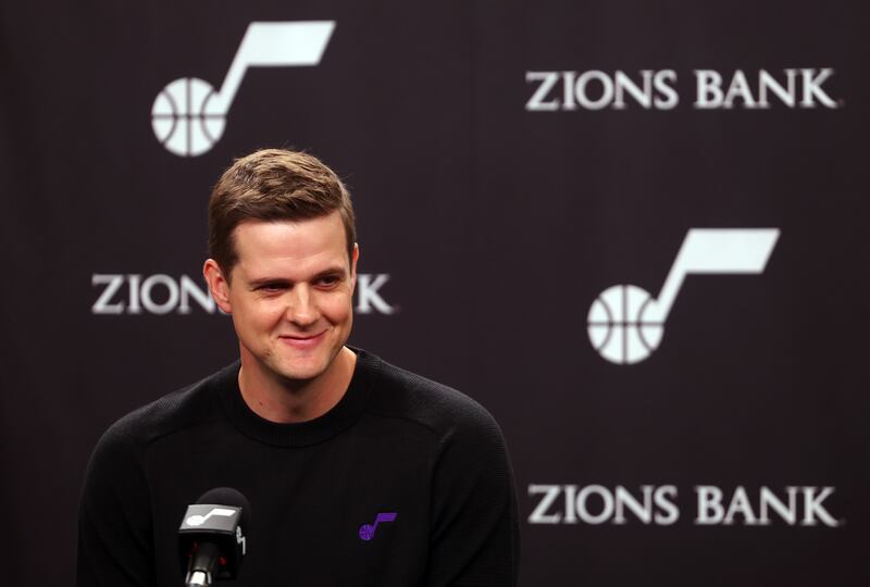 New Utah Jazz head coach Will Hardy talks with the media during Jazz media day at Vivint Arena in Salt Lake City, Sept. 26, 2022.