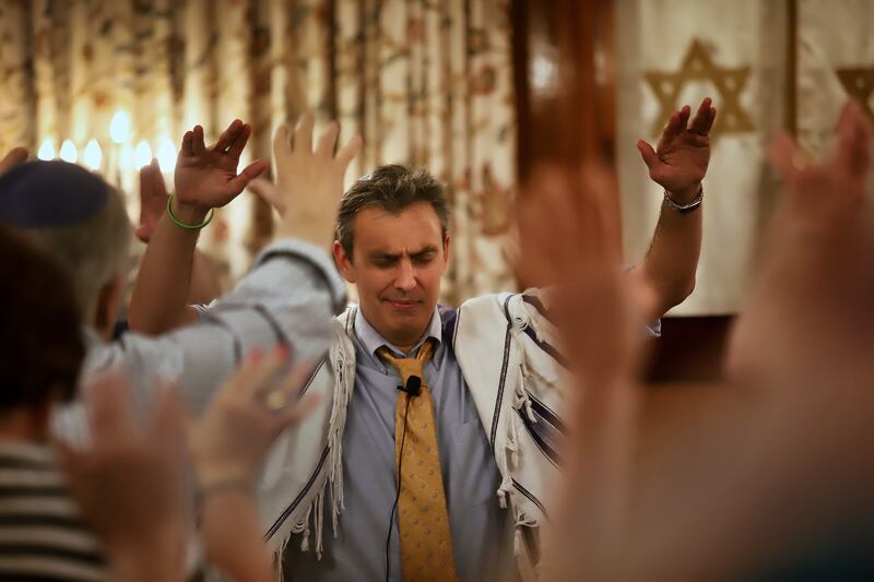 Rabbi David Markus leads a Shabbat service at Temple Beth-El on City Island, Bronx, New York, on Friday evening, May 25, 2018. Rabbi Markus is a judicial referee for the New York Supreme Court who gives talks on "harvesting your life wisdom and writing yo