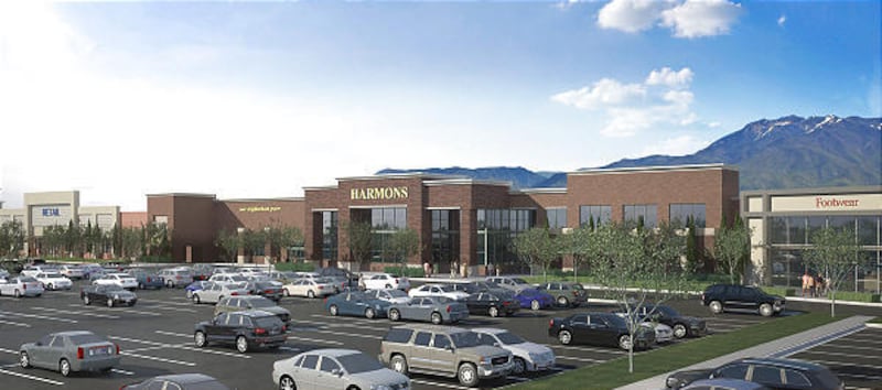 An artist's rendering shows the planned view of the new Harmons grocery store that broke ground in the Farmington Station Park development Thursday.