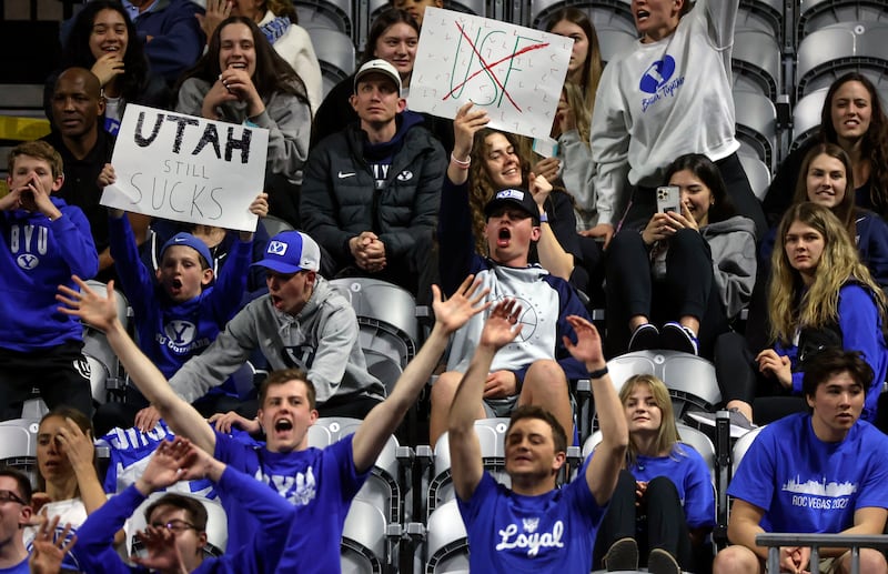 BYU fans cheer as the Brigham Young Cougars play the San Francisco Dons in the 2022 West Coast Conference men’s basketball quarterfinals at the Orleans Arena in Las Vegas on Saturday, March 5, 2022. BYU lost 63-75.