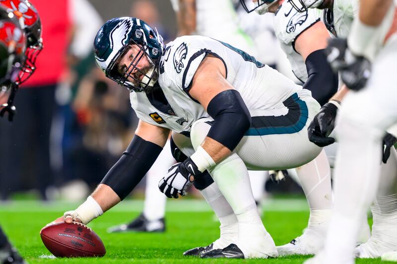 Philadelphia Eagles center Jason Kelce (62) prepares to snap the ball against the Tampa Bay Buccaneers during an NFL wild-card playoff game on Jan. 15, 2024.