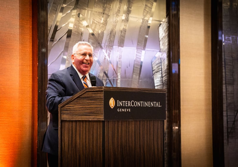 Elder Rubén V. Alliaud, president of the church's Europe Centra Area, speaks during the first-ever Light the World dinner hosted by The Church of Jesus Christ of Latter-day Saints in Geneva, Switzerland, on Tuesday, Dec. 2, 2025.