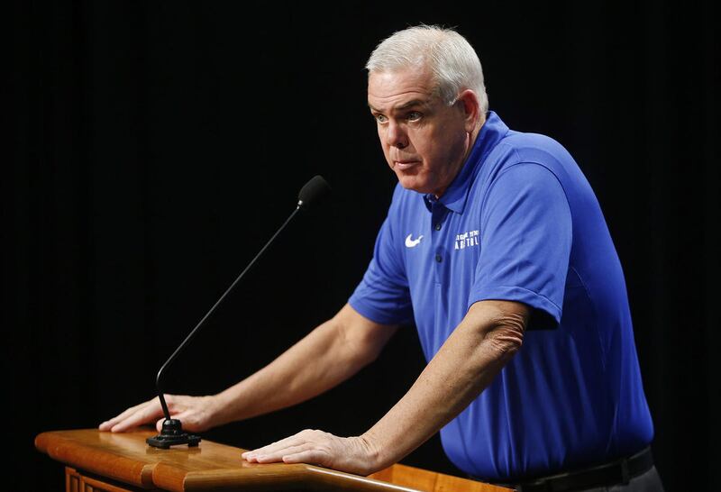 Coach Dave Rose talks with reporters during BYU basketball media day in Provo on Thursday, Oct. 5, 2017.
