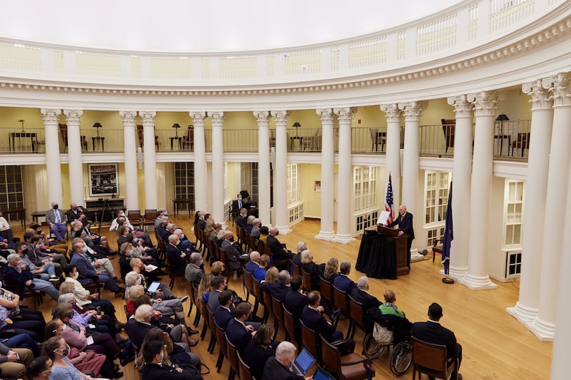 President Dallin H. Oaks speaks in the Rotunda at the University of Virginia on Friday, Nov. 12, 2021.