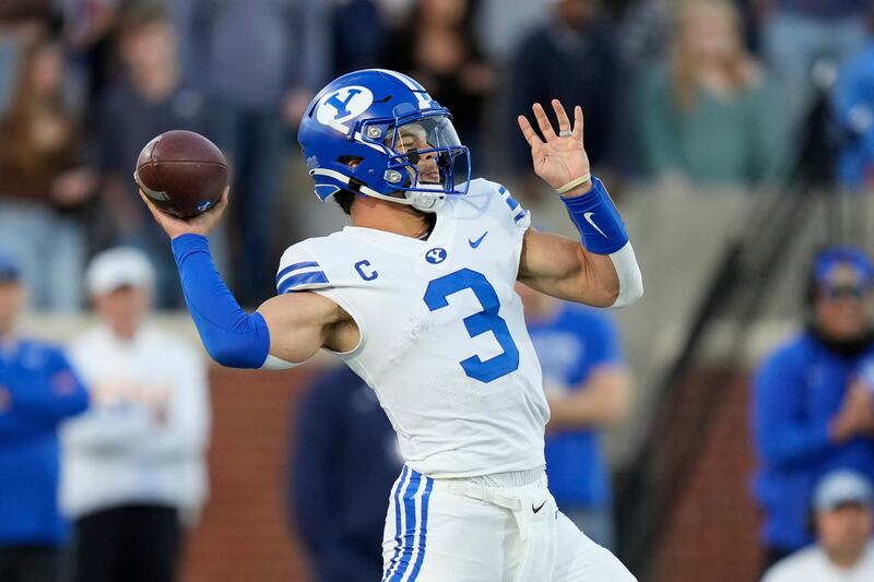 BYU quarterback Jaren Hall (3) attempts a pass in the first half of an NCAA college football game against Georgia Southern, Saturday, Nov. 20, 2021, in Statesboro, Ga.