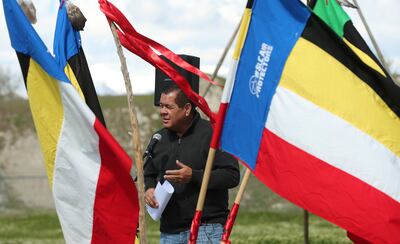 Darren Parry, chairman of the Northwestern Band of the Shoshone Nation, speaks during a May Day event aimed at fighting the Utah Inland Port project in Salt Lake City on Wednesday, May 1, 2019. The event was sponsored by the Stop the Polluting Port Coalit