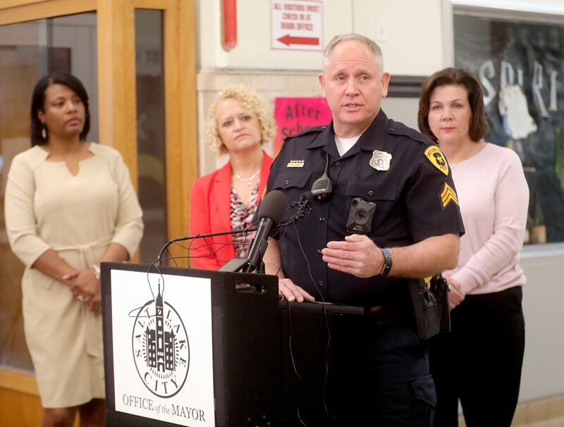 Salt Lake City Police Sgt. Phil Eslinger talks about a new agreement between the city, police and the Salt Lake City School District that aims to improve the role of school resource officers on campuses during a press conference at West High School in Sal